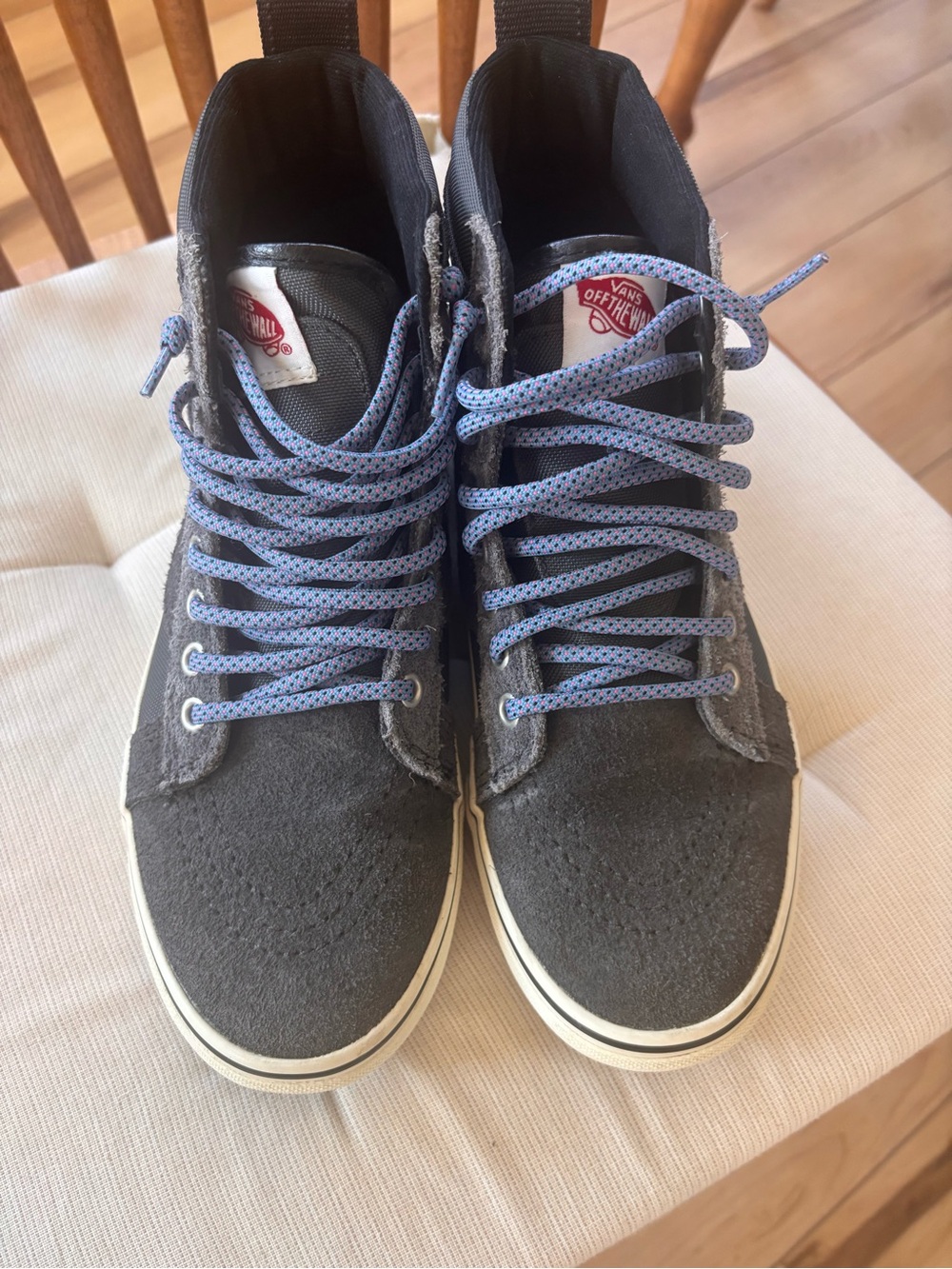 Vans Men's High-Top Sneakers in Charcoal with Light Blue Laces